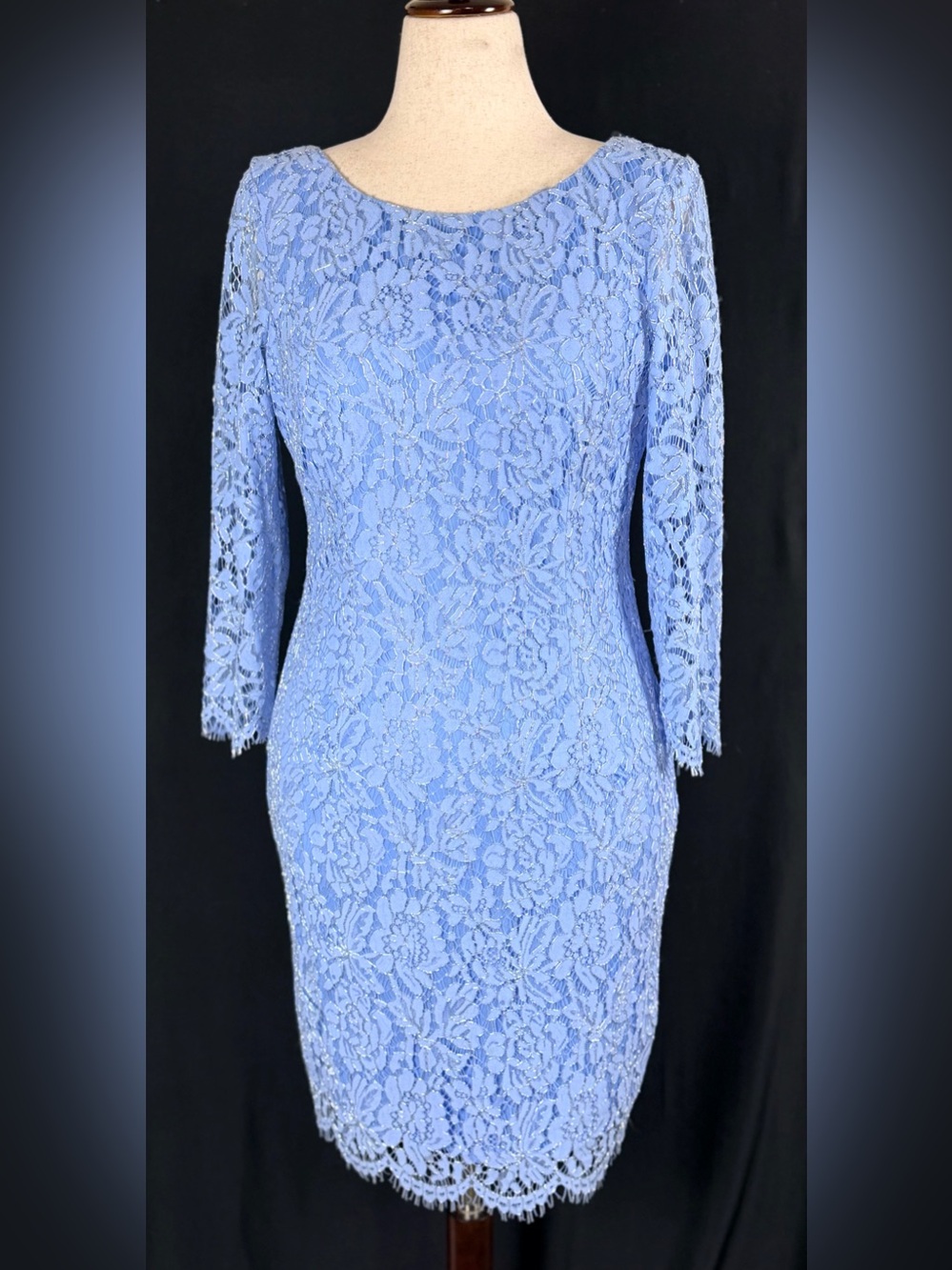 Adrianna Papell Periwinkle Sheath Dress 10 Metallic lace Exposed Metal Zipper